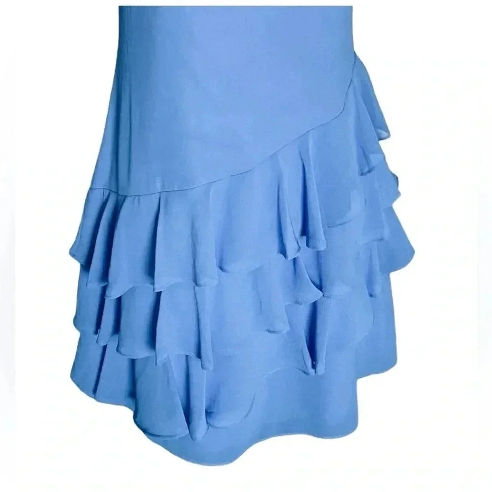 VINCE CAMUTO |Women's Sky Blue Sheer Asymmetric Ruffle Shift Mini Dress Size 2 - Picture 9 of 11